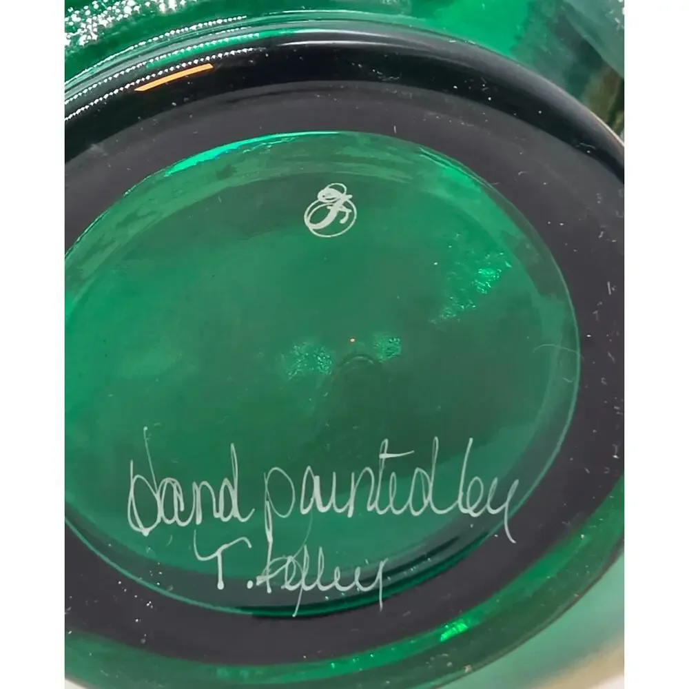 Fenton Glass Emerald Mary Gregory Snow Crest Pitcher SIGNED T KELLEY